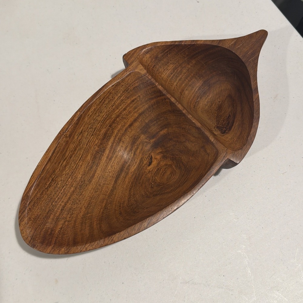 Vtg Crate & Barrel Acacia Wood Acorn Divided Serving Candy Bowl Fall  12.5 X 6.5